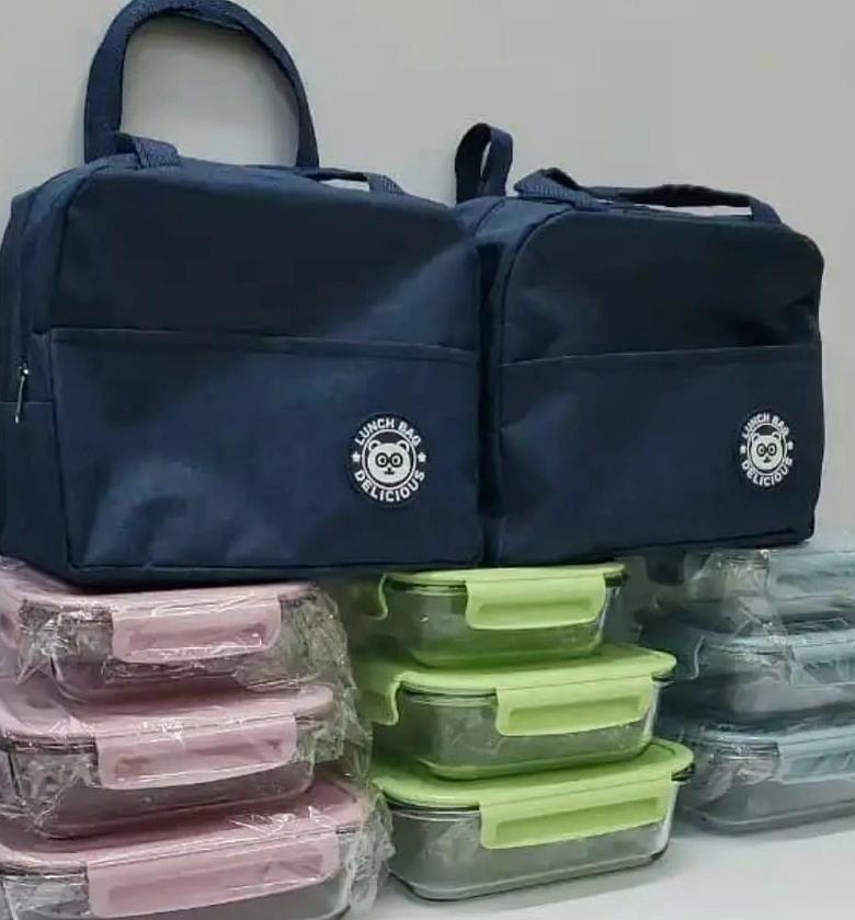 lunch bag + 3pc air tight glass food bowls  image