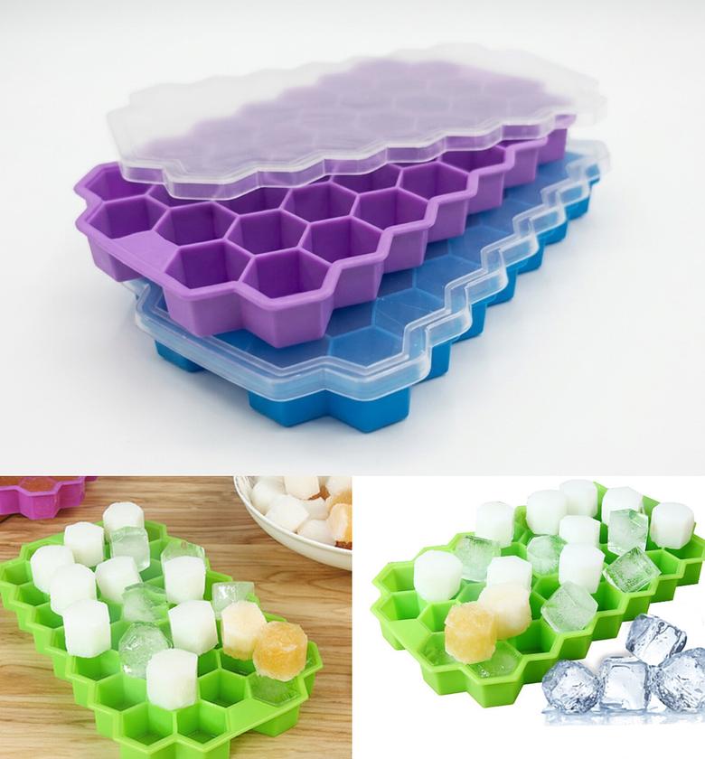 37-Cell Silicone Honeycomb Ice Cube Tray with Spill-Proof Lid – Flexible Mini Ice Maker Mold for Cocktails & Baby Food image