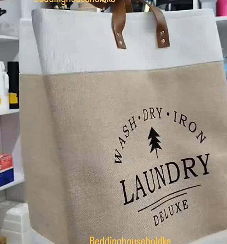 Large Cotton Fabric Hamper Storage Baskets with Leather Handles image