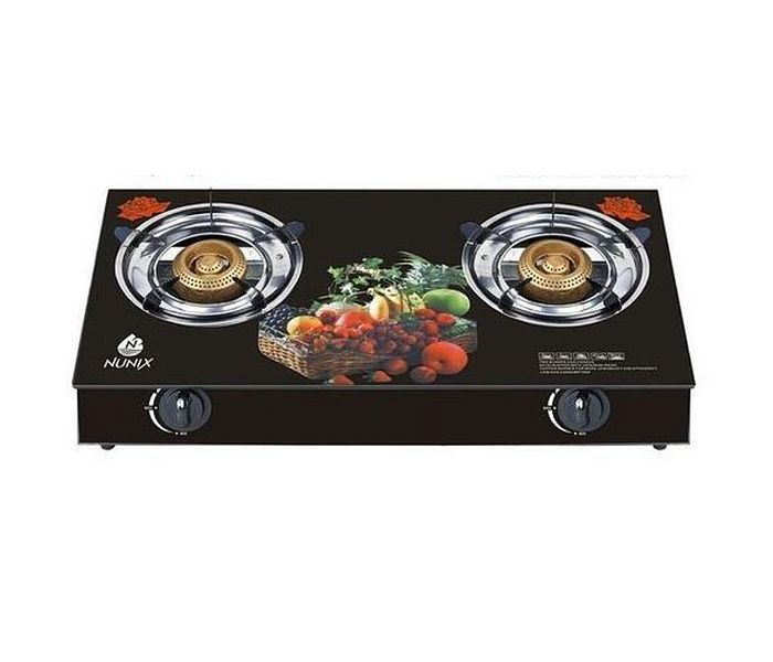 Nunix Glass TABLE TOP DOUBLE BURNER Gas Stove + Pipe + 6kg Regulator + Tighten image