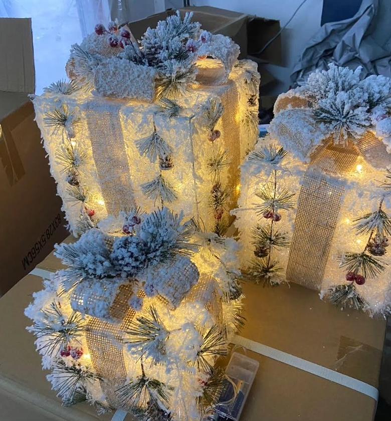 FrostGlow 3-Piece Snow-Flocked Lighted Christmas Gift Box Set image