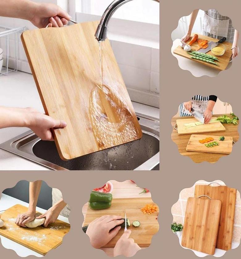 Heavy wooden chopping board with metallic handle. image