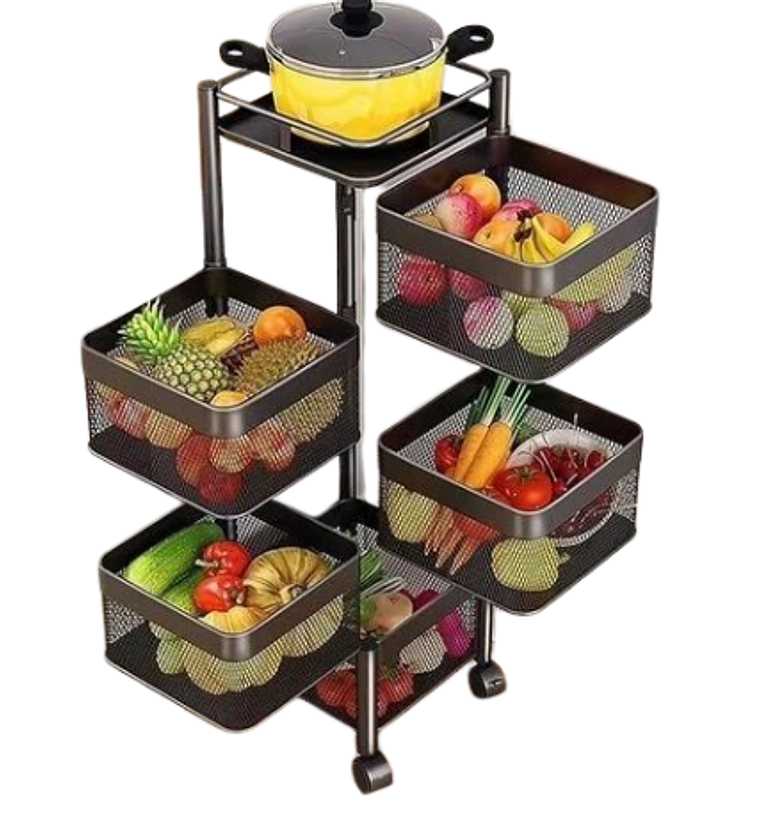 5-Tier Square Rotating Storage Rack or Fruit and Vegetable Organizer Basket with Wheels.  image