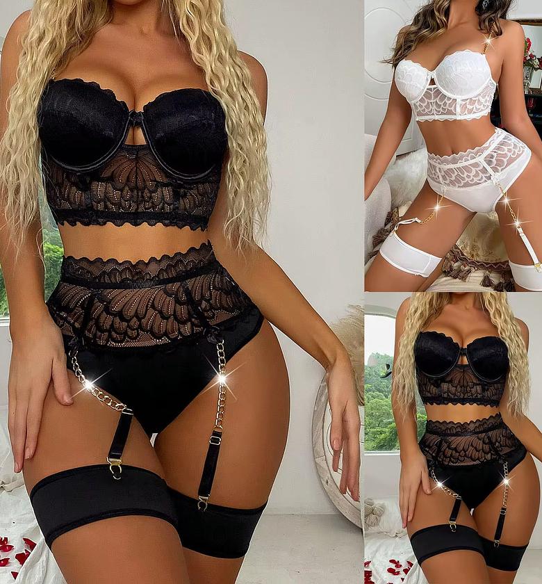 Women Sexy Lingerie Set with Garter Belts,Sheer High Waist Bra Panty Suit Lace Babydoll Bodysuit Naughty Underwear image