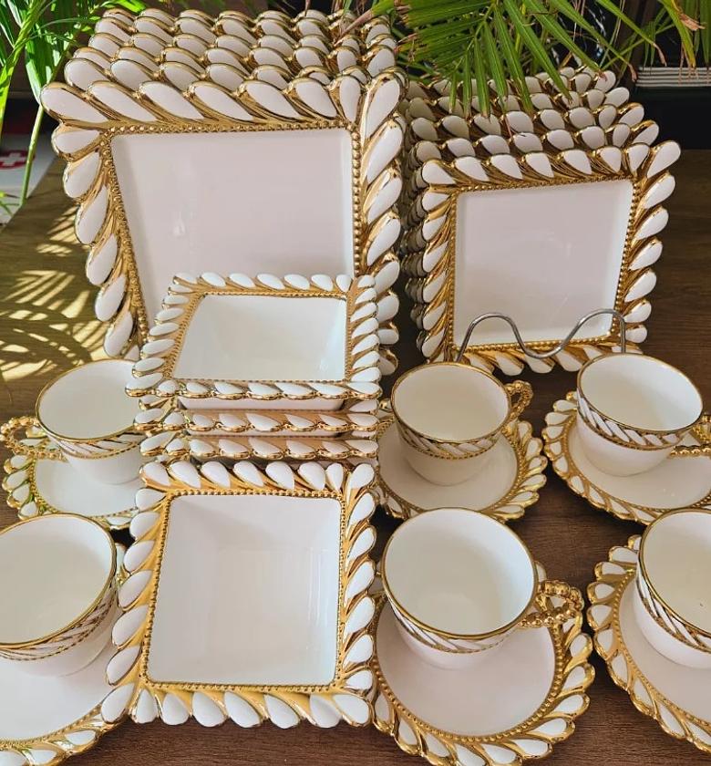 30pcs ceramic squared dinner set with gold rim. image