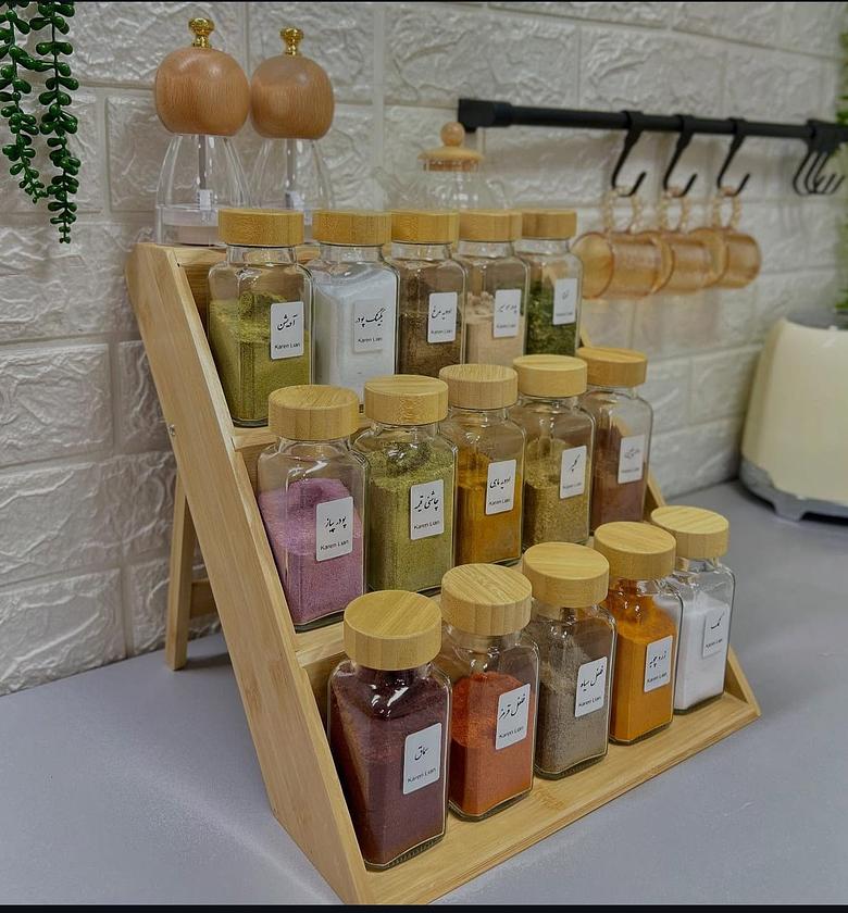 Spice Containers with Bamboo Stand..(Comes with Stickers and Silicon Funnel as well) image