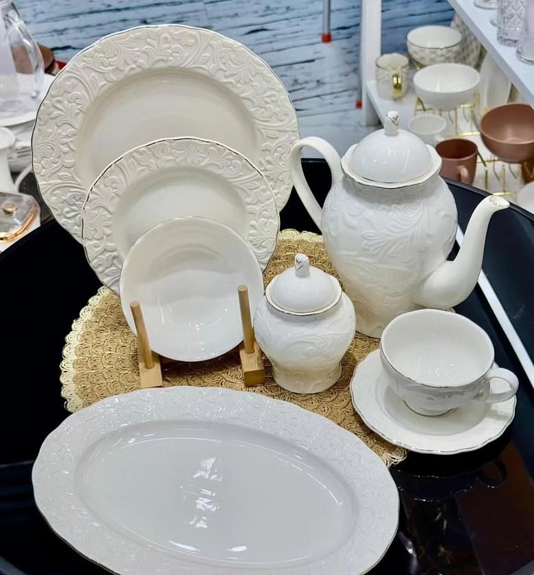 39-Piece Elegant Nordic Embossed Porcelain Dinnerware Set with Gold Trim image