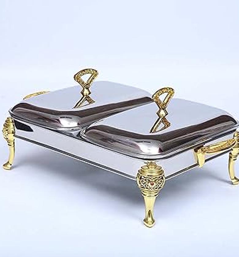 Golden double bowl 1.8Lx2 food warmer;  glass bowls;  stainless steel cover with golden parts; fixed double burner image