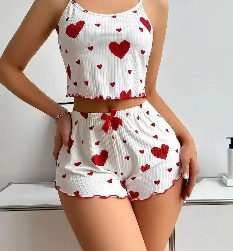 Women's 2-Piece Heart Print Summer Sleepwear Set with Backless Cami and Ruffle Shorts image