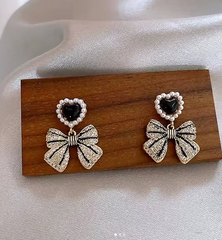 Crystal Pearl Sweetheart Bow Earrings image