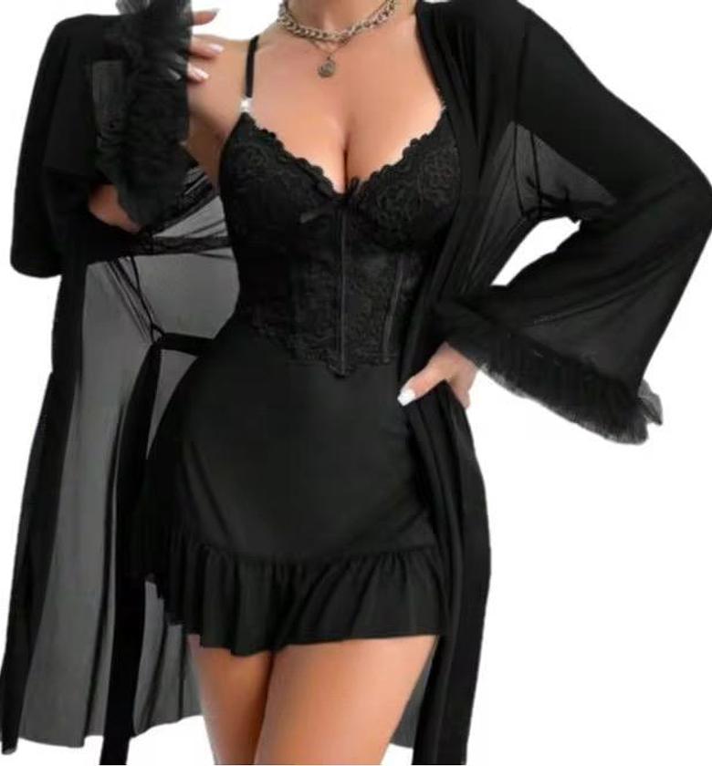 2pcs Lace Cami Nightgown & Sheer Floral Lace Robe image