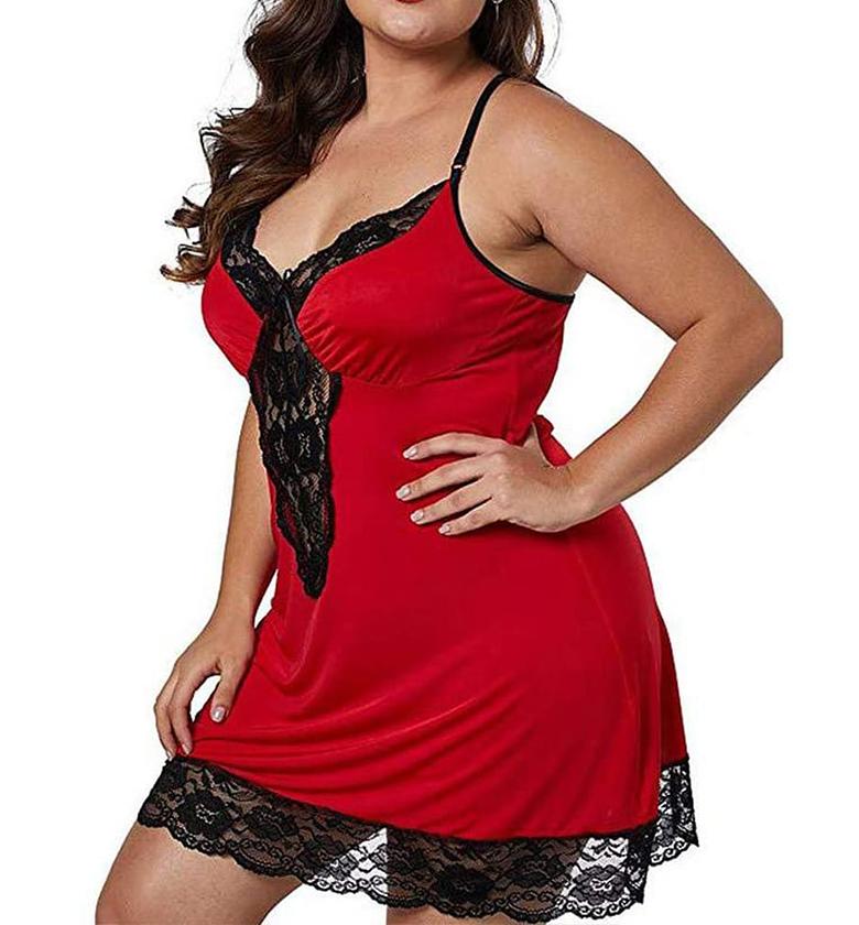 Plus Size Red Lace Trim Erotic Nightdress and Sheer Sleepwear Set image