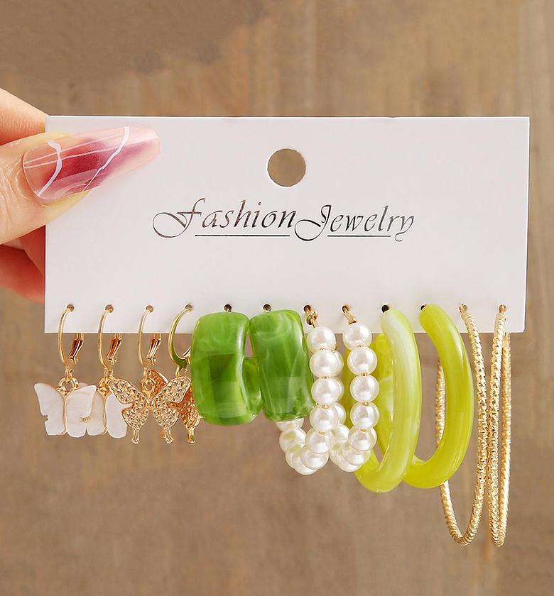 Green Pink Acrylic Pearls Butterfly Gold Toned image