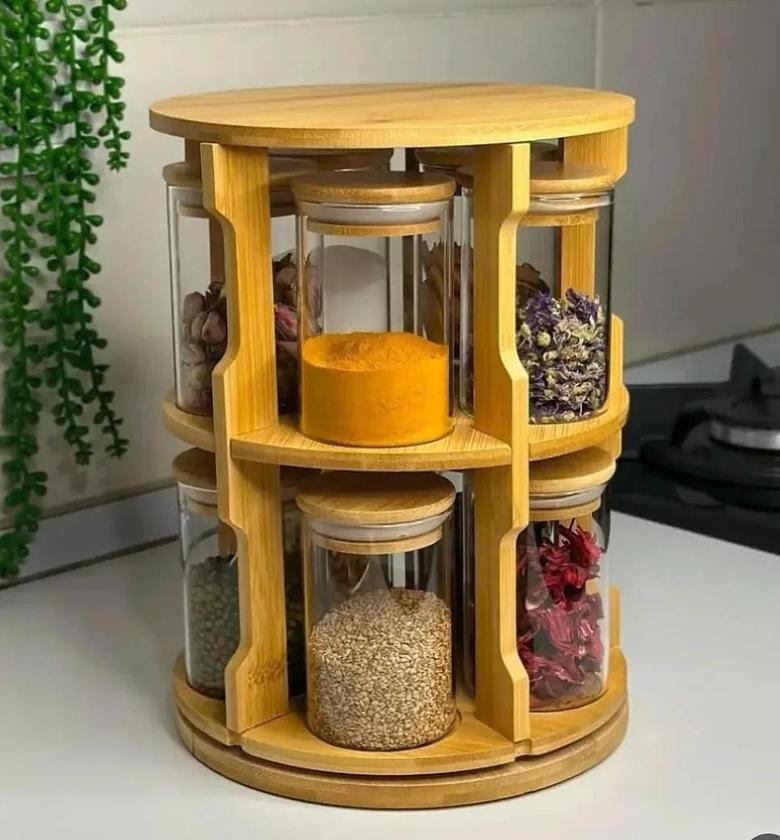 Rotating Spice Bamboo Tabletop Rack With 10pcs JARS image