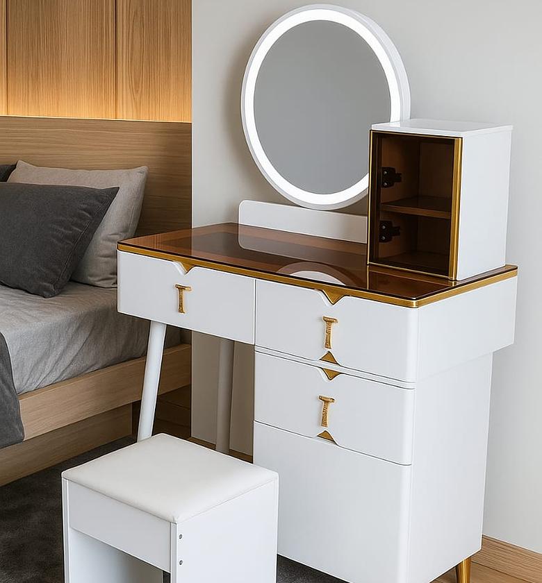 Retractable White Dressing Table with Round LED Mirror image