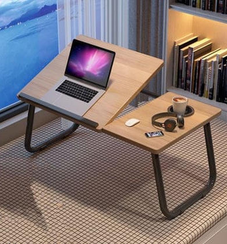 Wooden profile 5 levels Adjustable angle foldable study table or laptop table with cup slot image