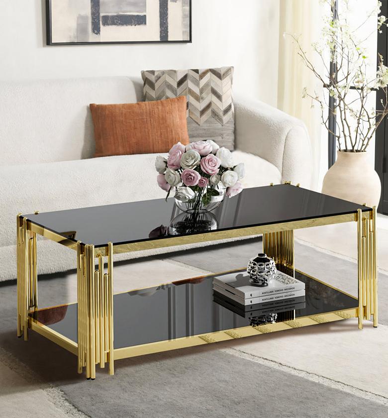 Modern Tampered Glass Coffee Table with Gold Metallic Frame image