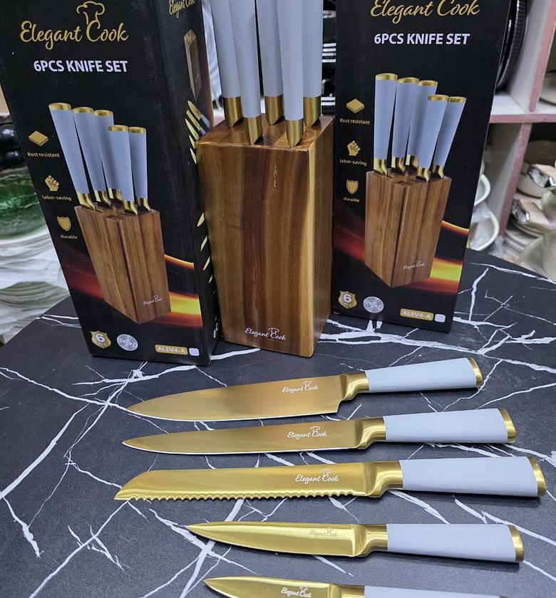 Elegant Cook 6-Piece Premium Gold Knife Set with Wooden Block image