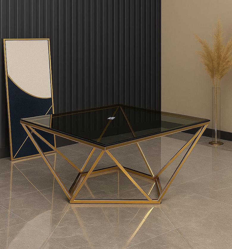 Square Tampered Glass Coffee Table with Golden Diamond-Shaped Stainless Steel Framework image