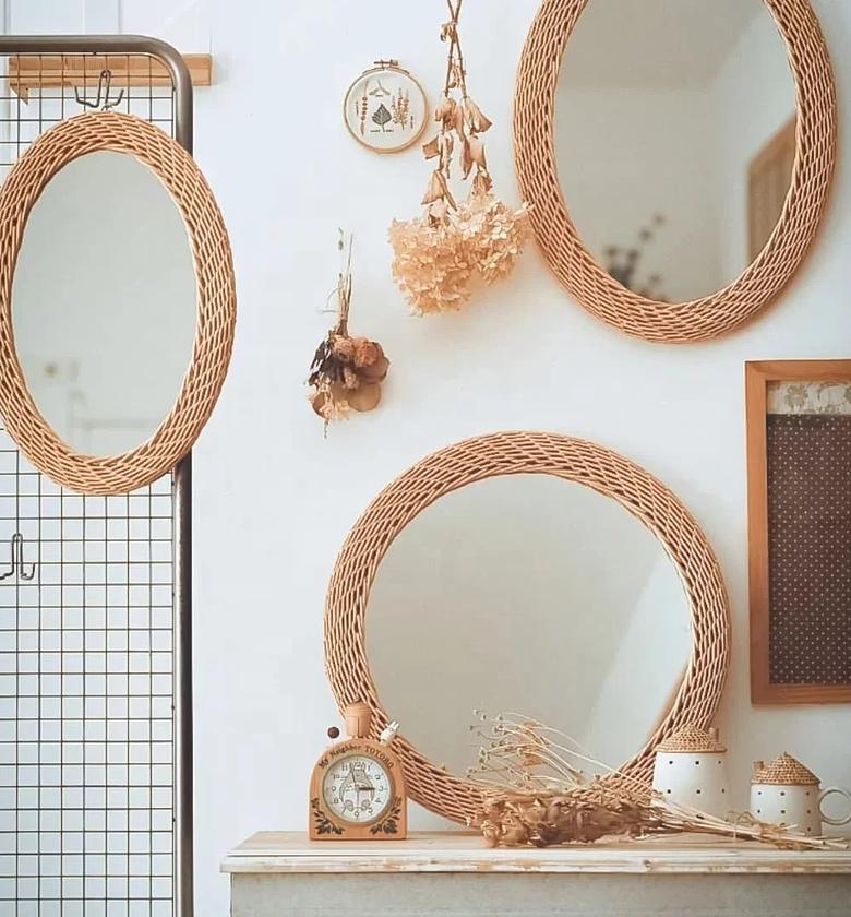 Modern Oval Rattan Bamboo Decorative Mirror image