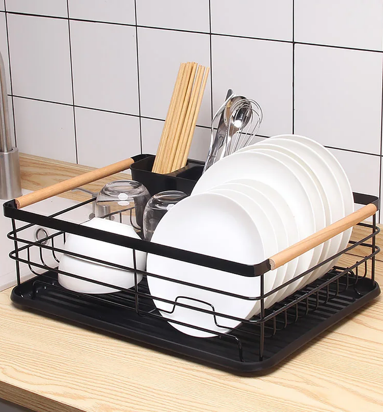 Single Layer Metallic Dish Rack with Wooden Handles image
