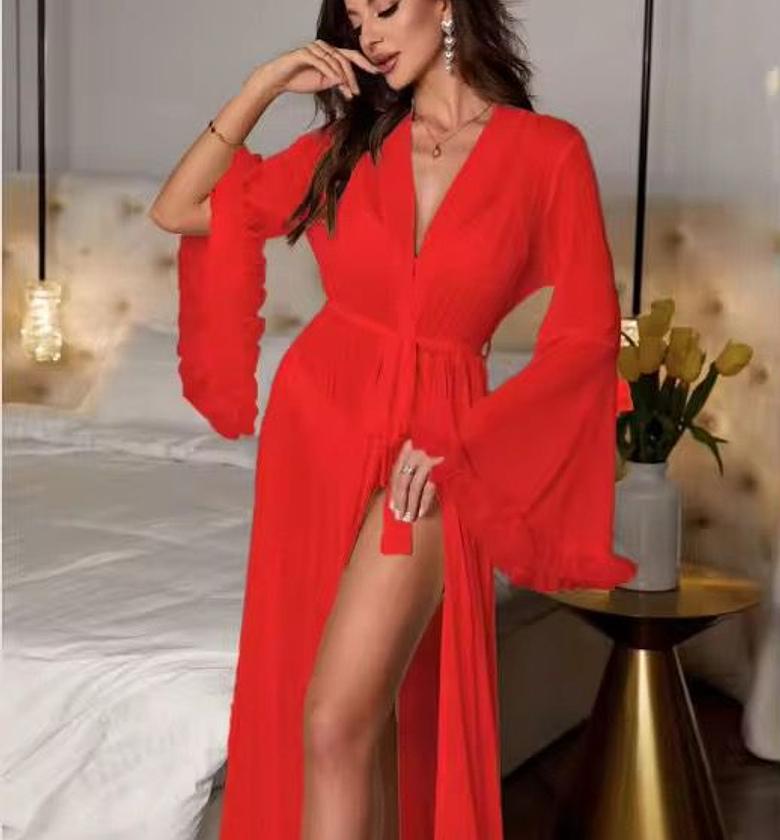 B213 See Through Lace  Flared Long Coverup Loungewear image