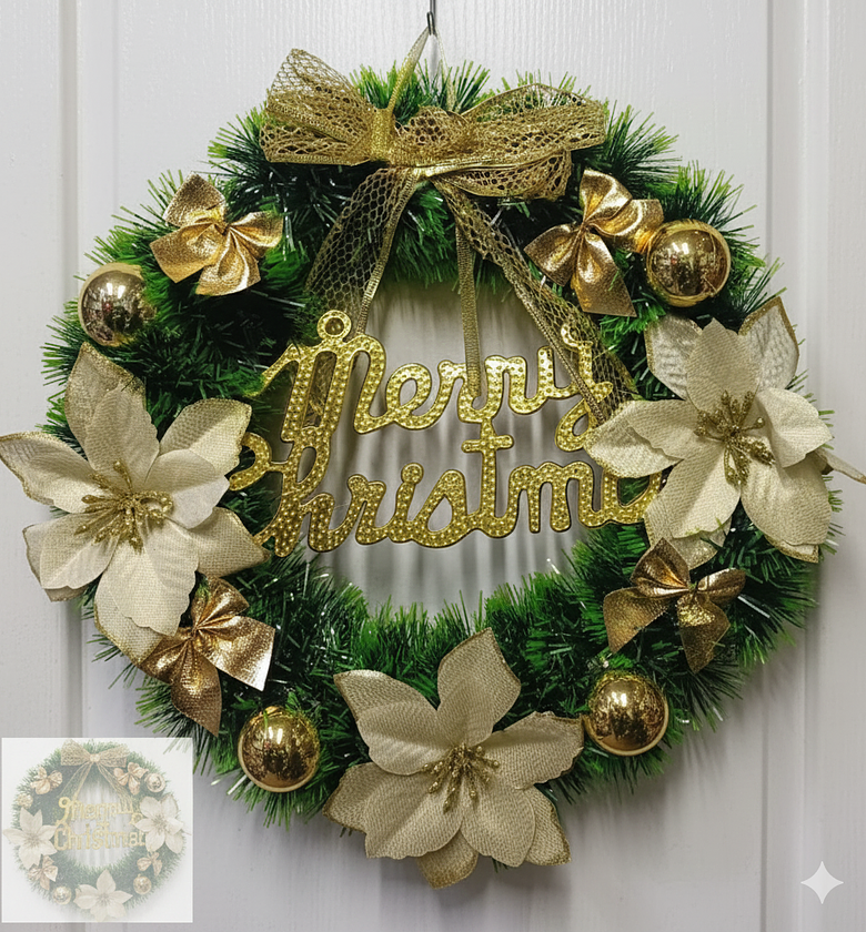 Gold Merry Christmas Wreath Door Hanger Festive Decor image