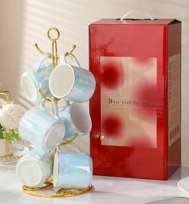 Gold rimmed ceramic mugs with gold stand 6pcs image