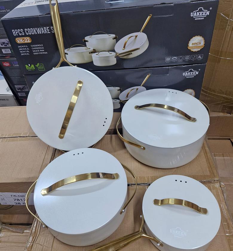 Premium 8pcs Non-Stick Cookware Set – White with Gold Handles | PFOA-Free image