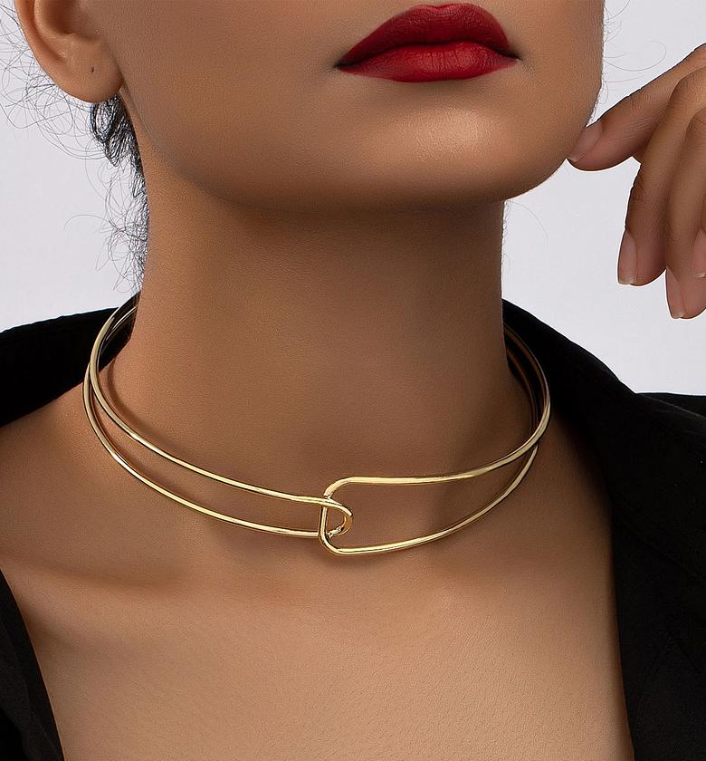 A Gold Yellow Personality Trendy Exaggerated Punk Alloy Ring Buckle Choker Open Design Vintage Collarbone Chain Necklace Choker image
