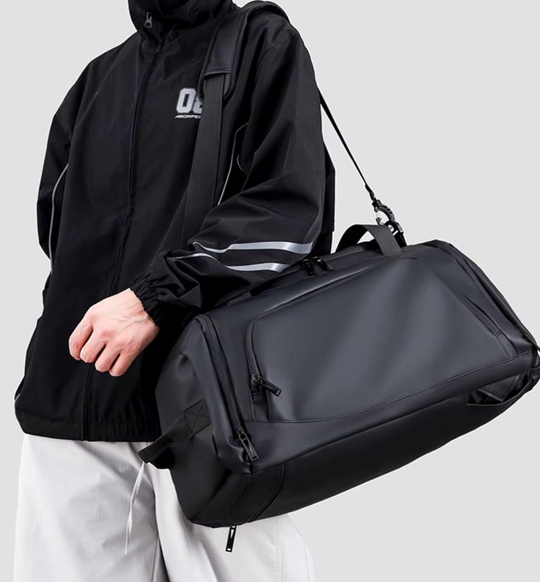 Waterproof Duffel Bag with Shoe Compartment & Convertible Backpack Straps – Black & Grey image