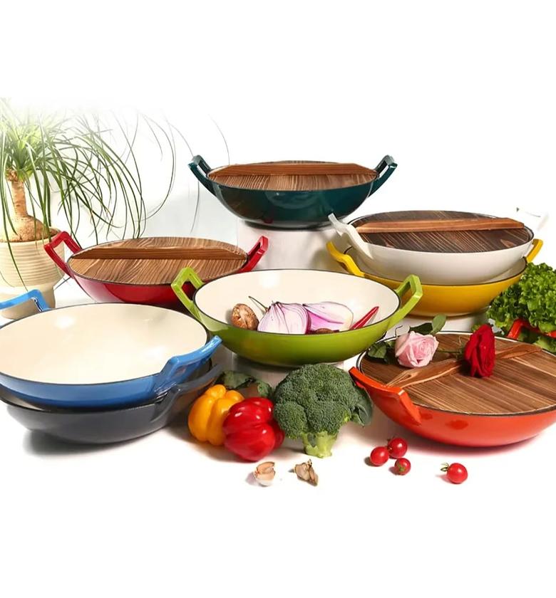 36cm Non-stick Enameled Cast iron Wok pan with wooden lid. image
