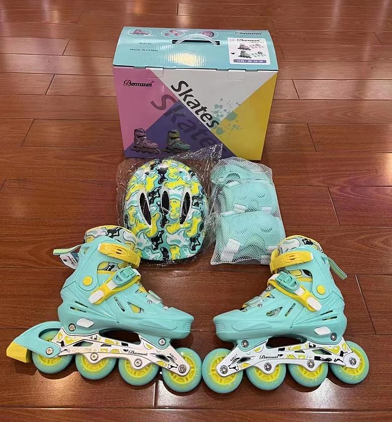 Skates Shoes Full Set. Inline skates with accompanying protective gear, including a helmet and knee/elbow pads/Gloves. Size 31 to size 42 image