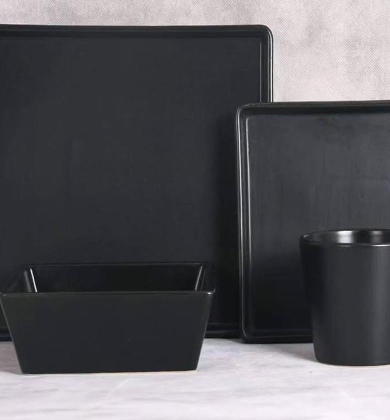 24pc square dinner set. 6 dinner plates, 6 side plates, 6 bowls and 6 mugs. image