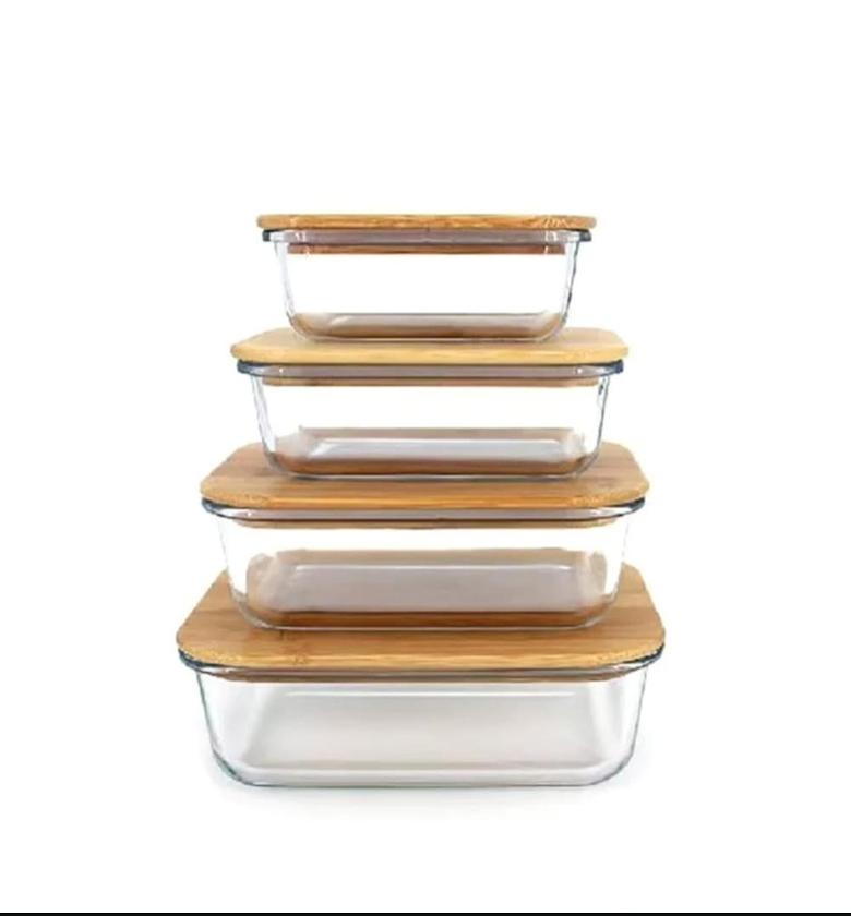 4pc Glass Lunch & Snack Box Set with Wooden Airtight Lids image