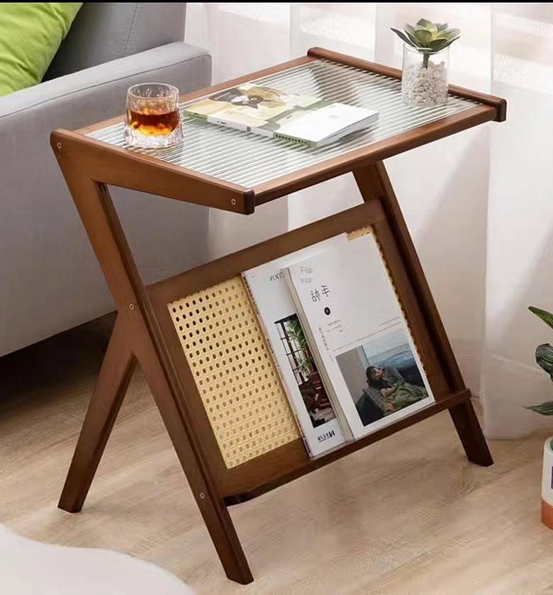 Modern Boho/Japanese pure solid bamboo side table with Glass top. image