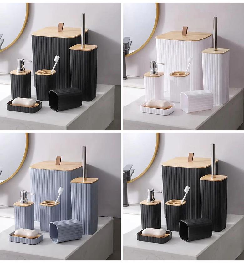 6-Piece Luxury Bamboo Bathroom Accessory Set with Dustbin & Soap Dispenser - Modern Matte Finish Washroom Organizer Kit image