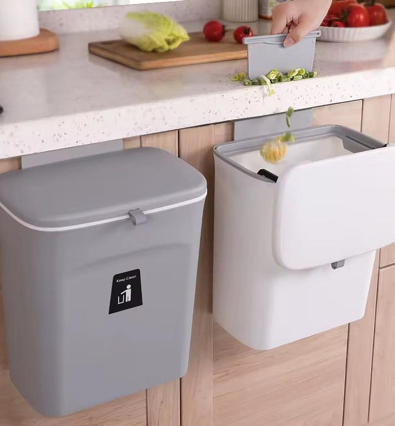 Kitchen Wall mounted trash can with lid/ wall hanging waste bin.   image