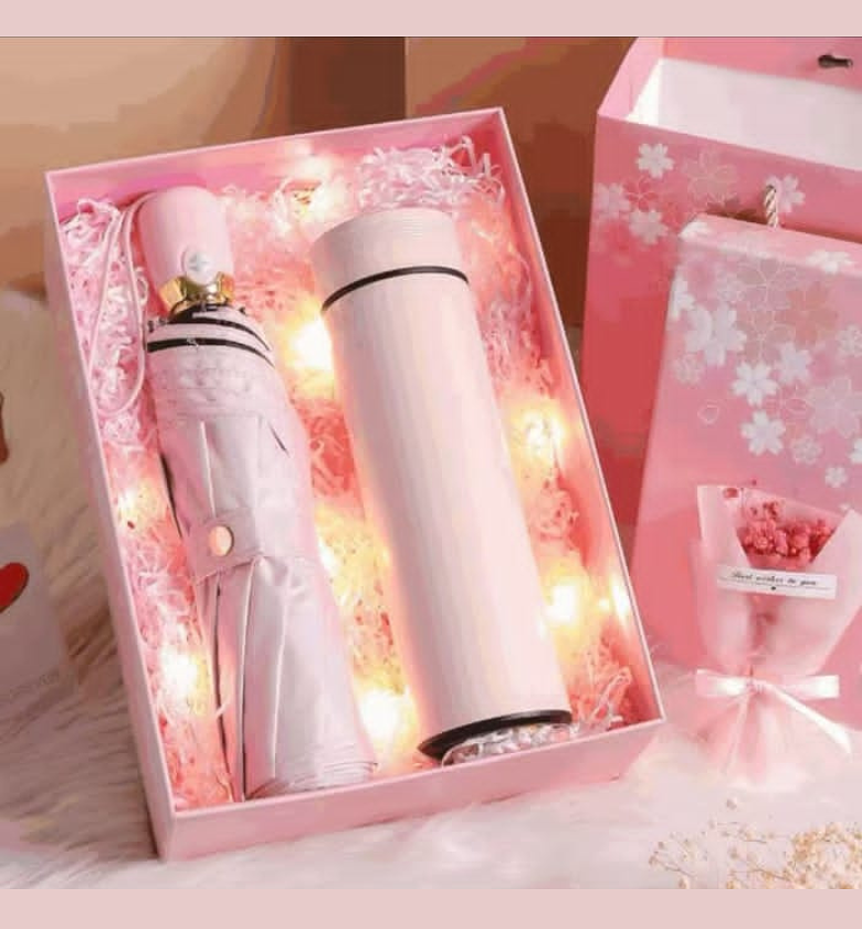 Luxury Blossom Gift Set with LED Intelligent Thermos and Lace Detail Umbrella image