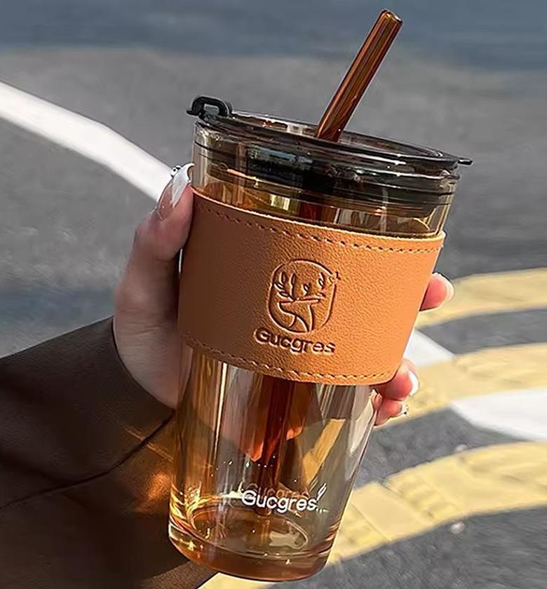 Glass Cup with Cover, Straw & Leather Sleeve image