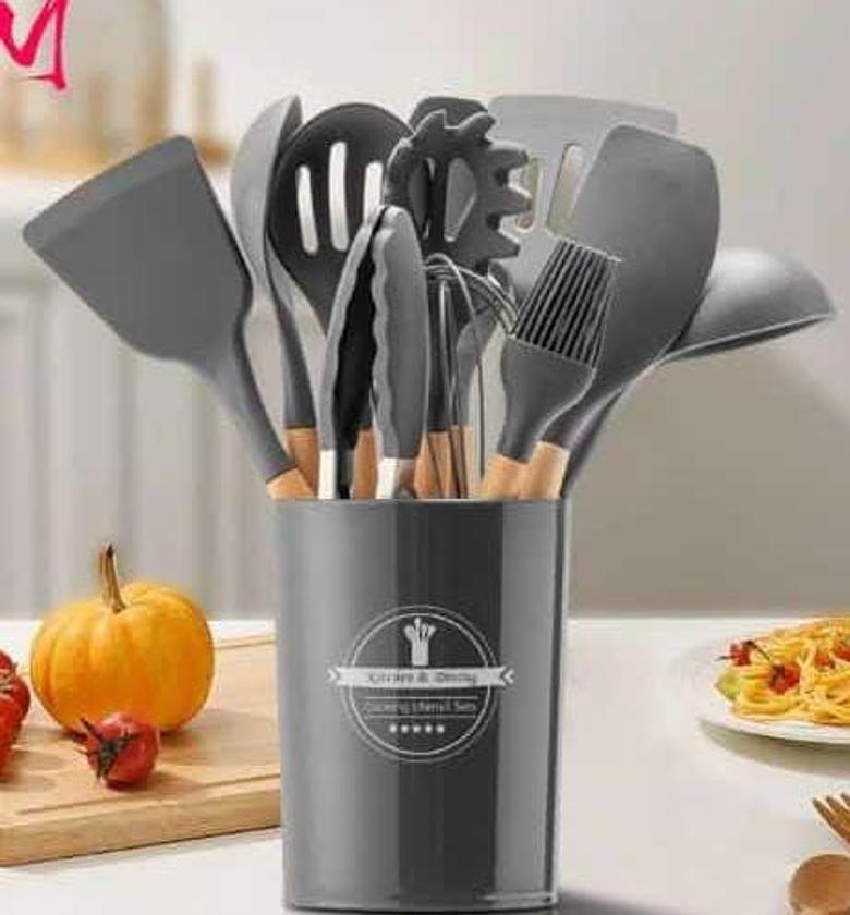 Silicone Spoons. 12pc Silicone Non-Stick Cooking Spoon Set With Holder image