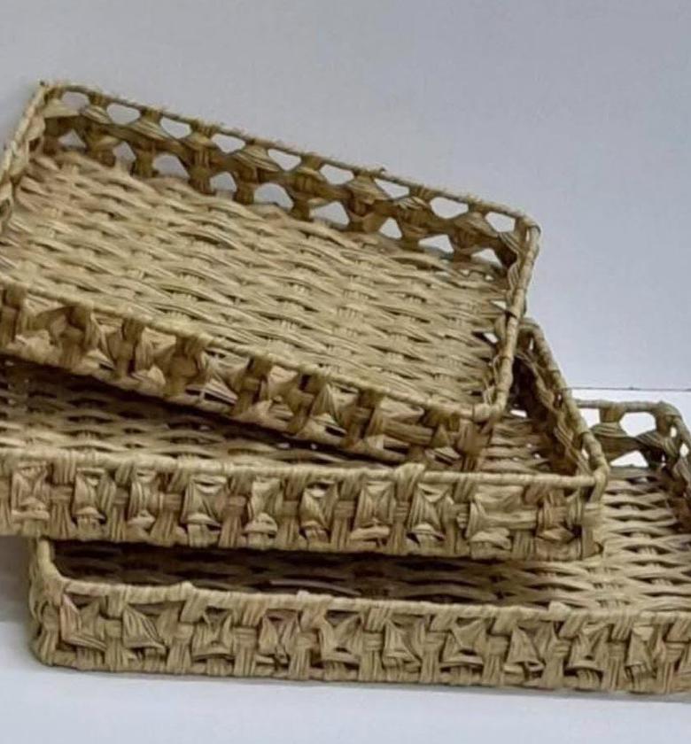 3pc handwoven rattan trays. image