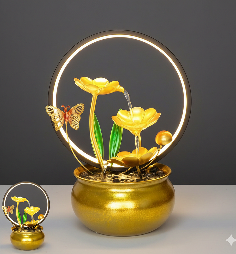 Luxury Golden Lotus Tabletop Water Fountain with Circular LED Light & Butterfly Accents - Modern Indoor Decor for Homes & Offices image