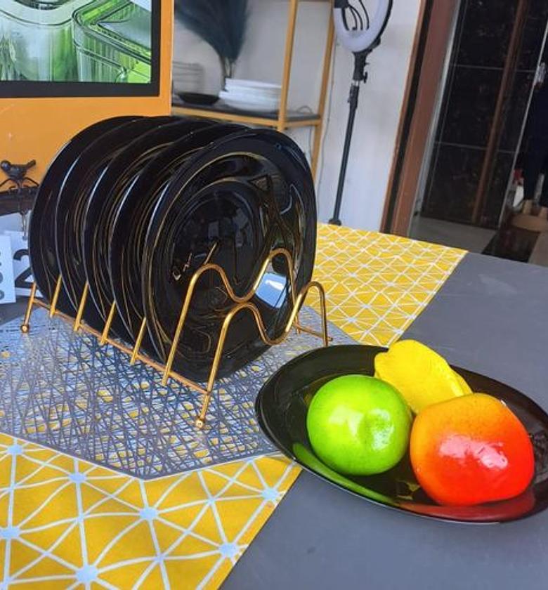 Plates. Ceramic 11" black square dinner plates 6pcs come  with a free plates stand image