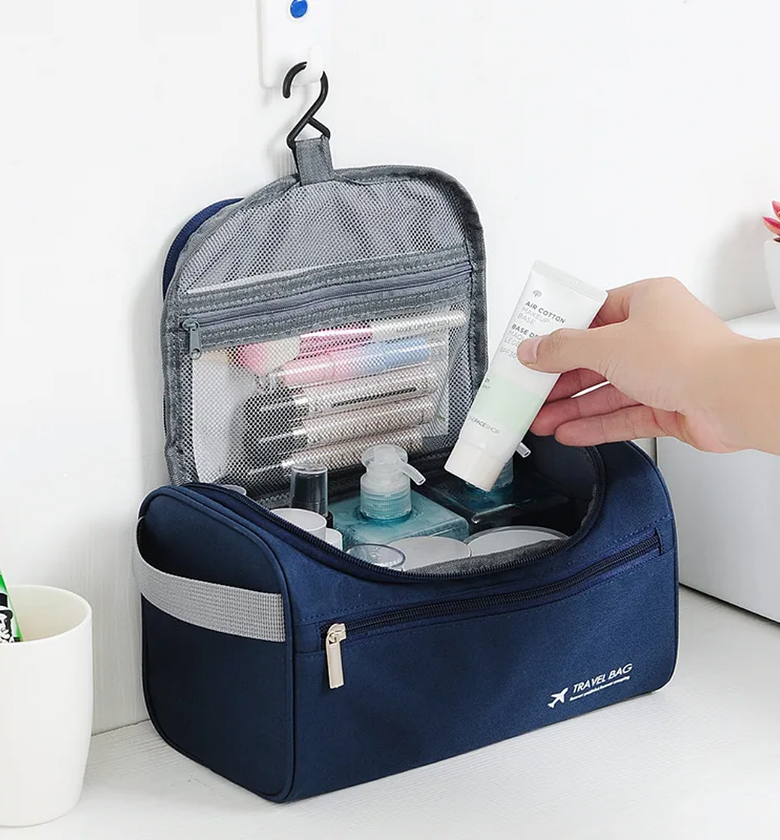 Travel Waterproof Hanging Toiletries & Cosmetics Bag with Hook – Navy Blue, Grey & Black image