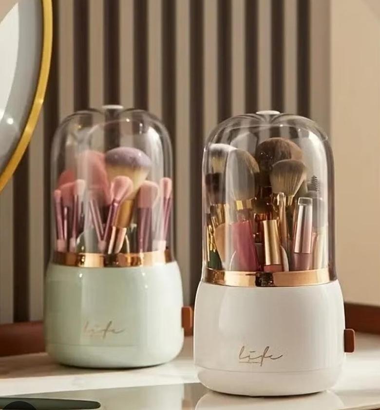 360° Rotating Makeup Brush Organizer with Dustproof Lid & Compartments for Vanity - Luxury Cosmetic Storage Case image