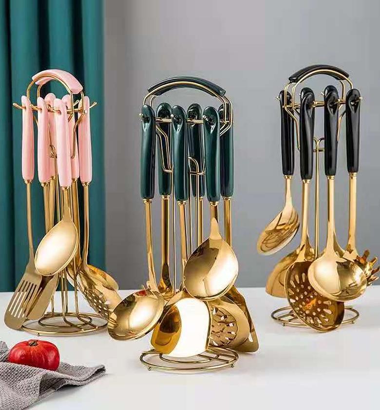 6pcs Golden Serving Spoons Plus Cutlery Set Stand image