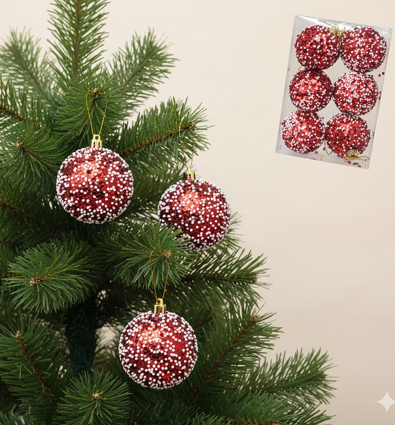 6 Red Glitter Christmas Baubles, christmas tree decoration balls image