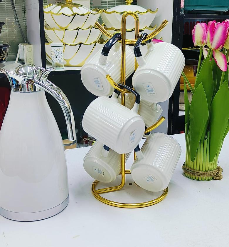  Sundabest 7-Piece Classic Breakfast Set 2l vacuum flask and 6pcs ceramic mugs with a stand.  image