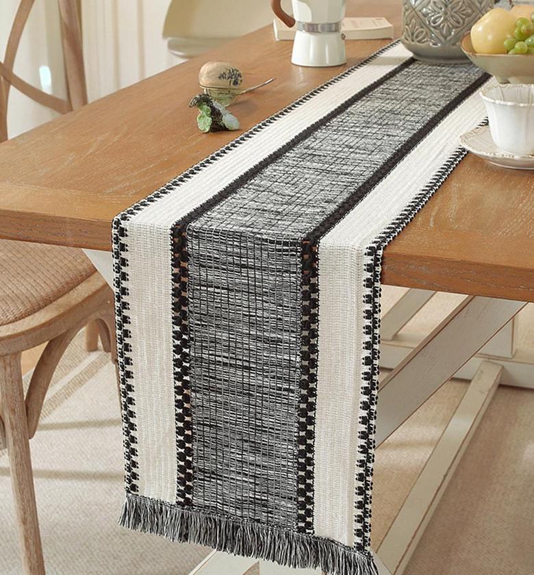 Nordic Boho Striped Table Runner - Hand - Woven Tassels image